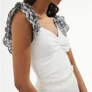 Anthropologie Ruffle-Sleeve Eyelet Top Ribbed Tank